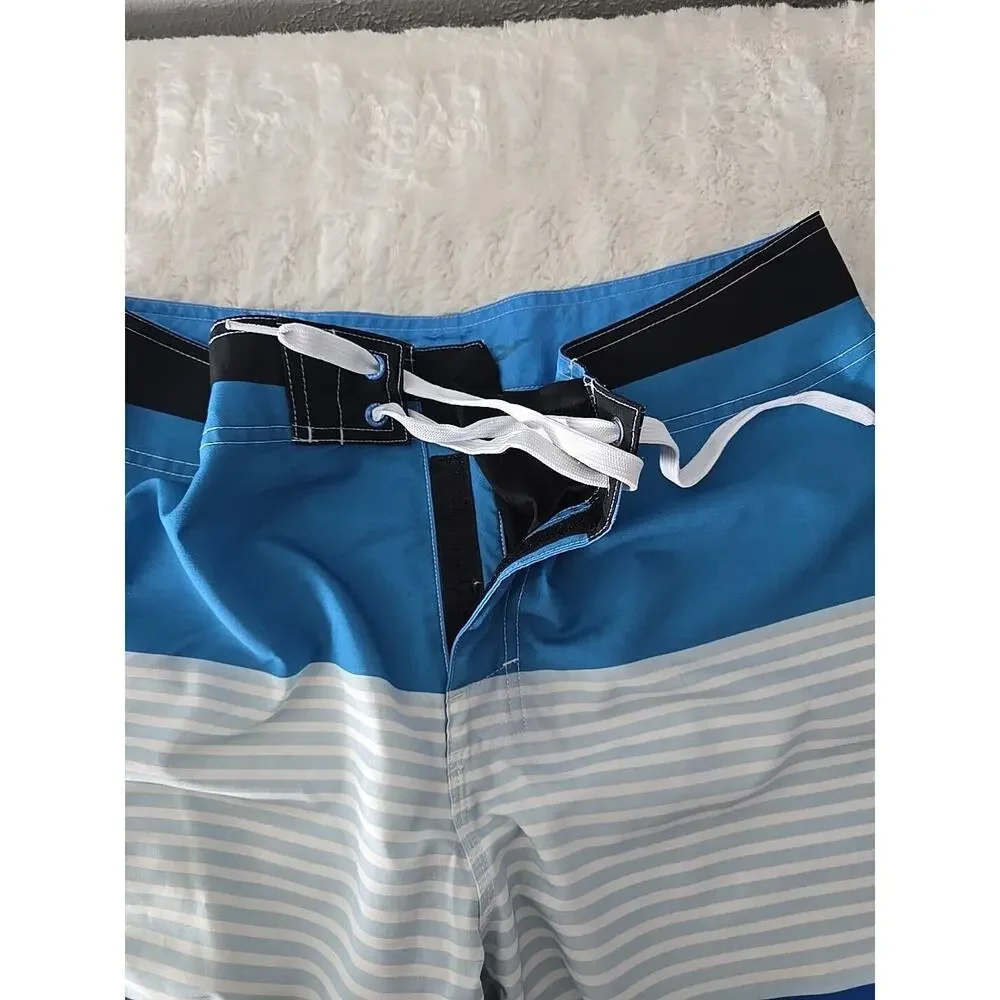 Rusty Board Shorts Striped Blue Green Hook & Loop Mens Size 33 Surfer Beach